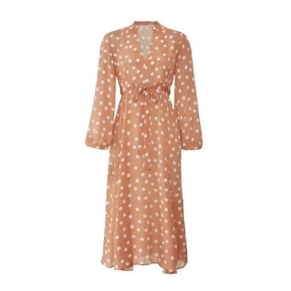 byTiMo Polka Dot Tan White Hourglass V-Neckline Long Sleeve Midi Dress Size S - Picture 11 of 13